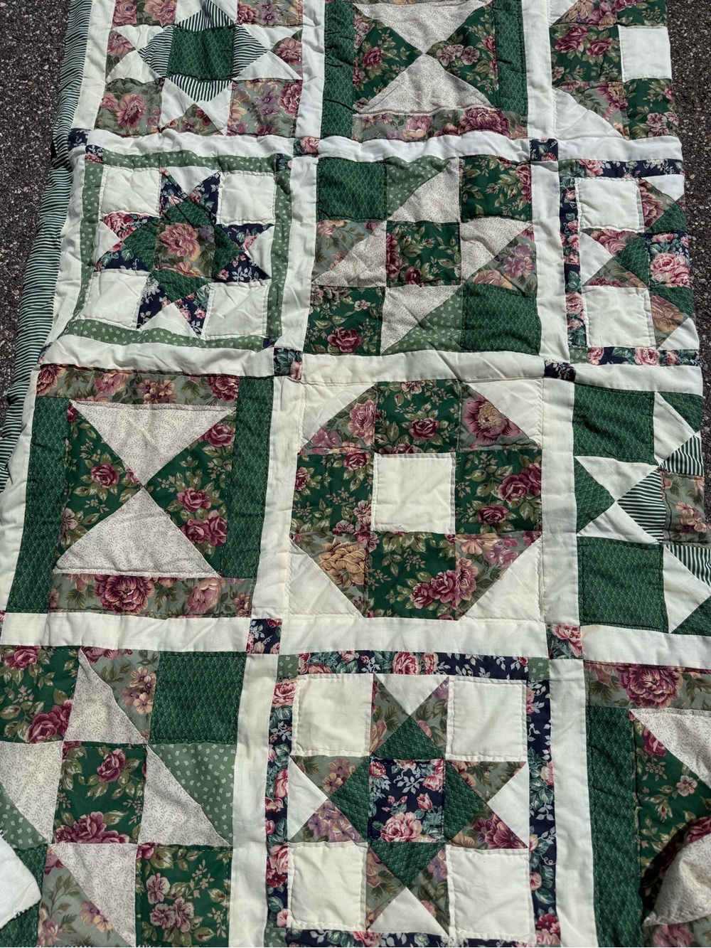 Huge Vintage Floral Patchwork Green & Cream Quilt - Classic Home Bedding